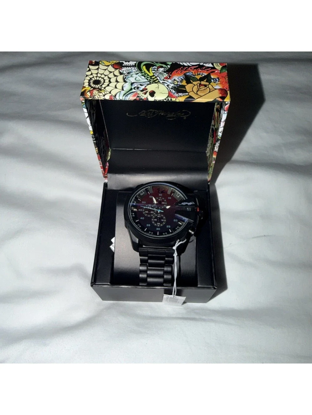 Ed Hardy Mens Chronograph Black Stainless Steel Bracelet Watch NWP